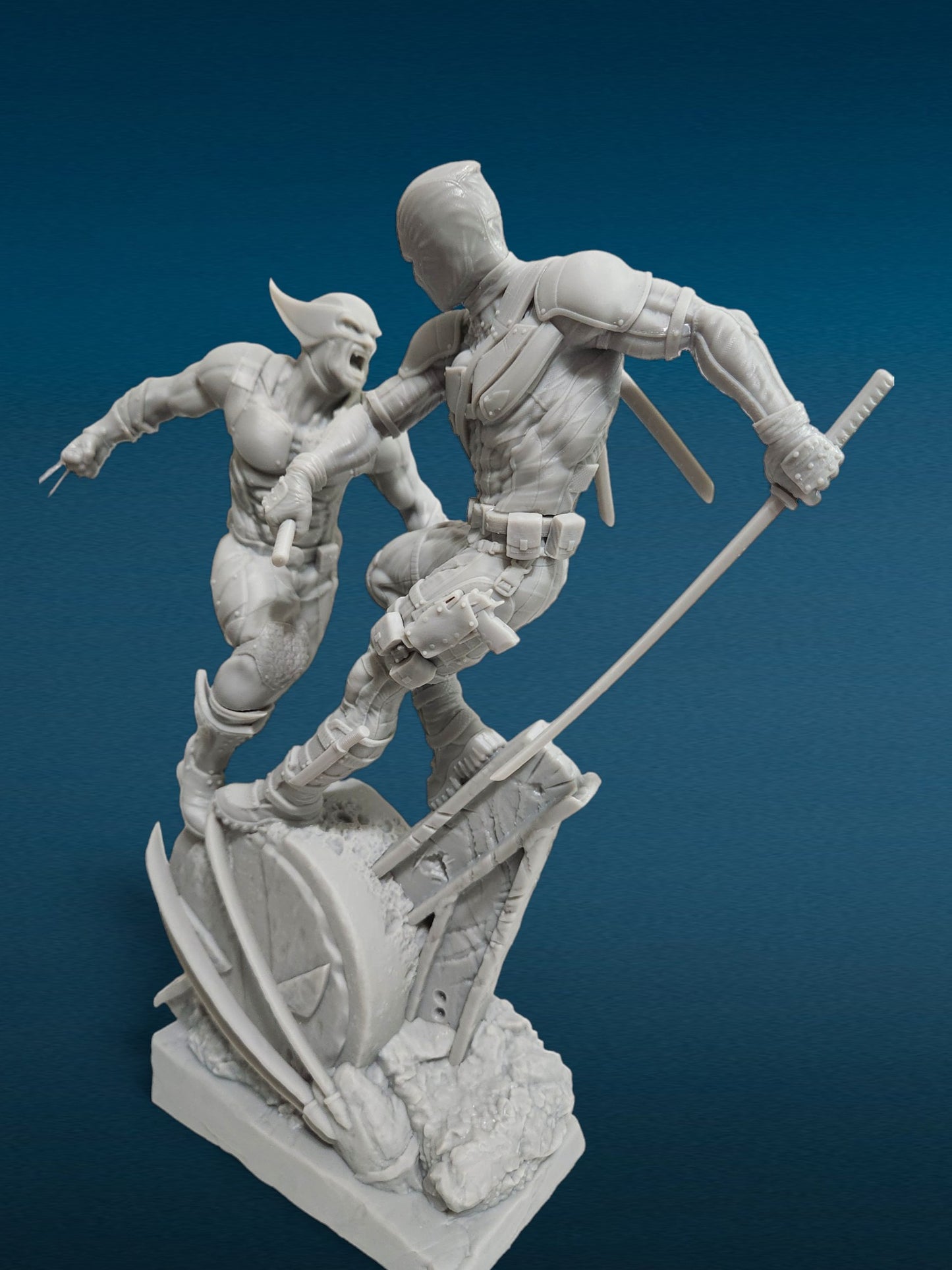 Deadpool v Wolverine 3D Resin Figurine: Unpainted Fan Art (10.5 Inch)