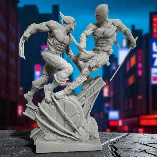 Deadpool v Wolverine 3D Resin Figurine: Unpainted Fan Art (10.5 Inch)